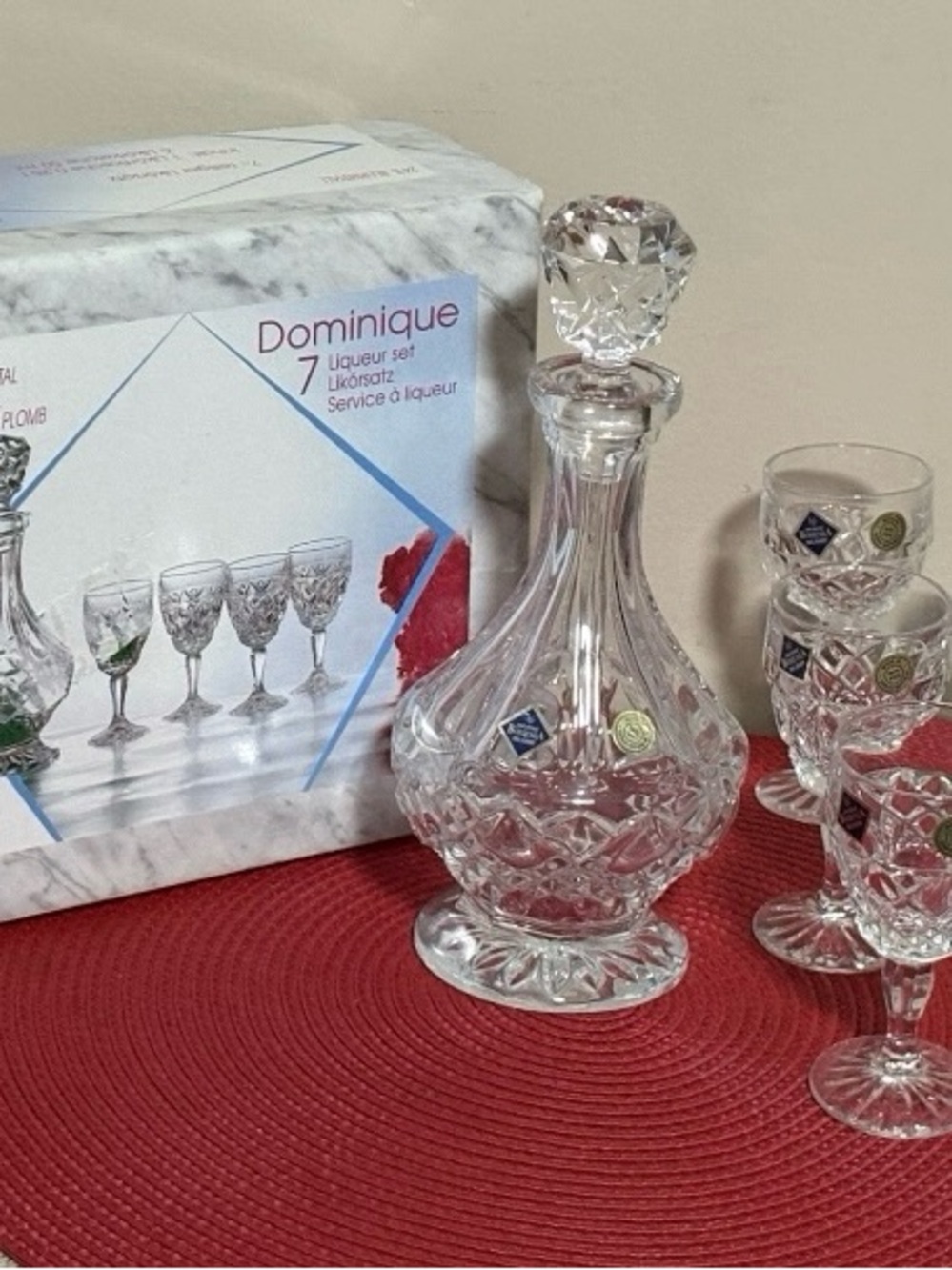 BOHEMIA JIHLAVSKE SKLARNY DOMINIQUE 24% Lead Crystal 7 Piece Liqueur Set 6 Cups